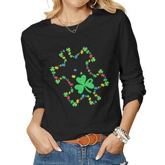 Autism Awareness Rainbow Puzzle Shamrock St Patricks Day Women Graphic Long Sleeve T-shirt - Seseable