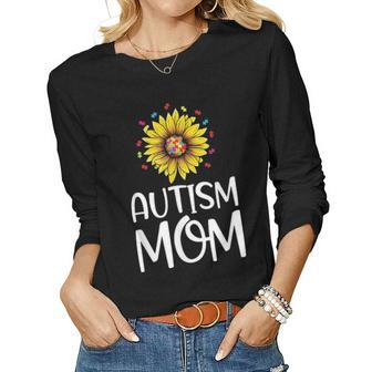 Autism Mom Gift Puzzle Piece Sunflower Autism Awareness Women Graphic Long Sleeve T-shirt - Seseable