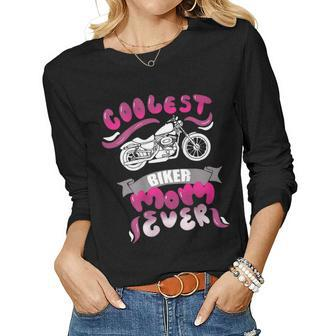 Print On Back Coolest Biker Mom Ever Motorcycle Gear Women Long Sleeve T-shirt | Mazezy