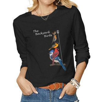 The Backyard Birds Blue Jay Cardinal Wren Bird Birdwatcher Women Long Sleeve T-shirt | Mazezy