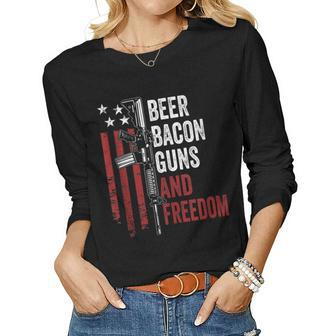 Beer Bacon Guns & Freedom - Funny Bbq Gun Usa Flag Drinking Women Graphic Long Sleeve T-shirt - Seseable