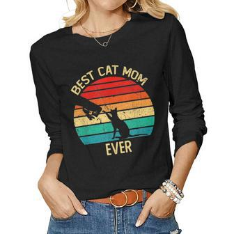 Best Cat Mom Ever Retro Vintage Gift Paw Fist Bump Funny Women Graphic Long Sleeve T-shirt - Seseable