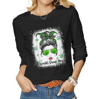 Bleached Worlds Dopest Mom Messy Bun Weed Leaf Women Long Sleeve T-shirt