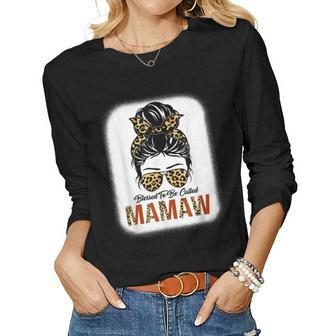 Blessed To Be Called Mamaw Leopard Messy Bun Mothers Day Women Graphic Long Sleeve T-shirt - Thegiftio UK