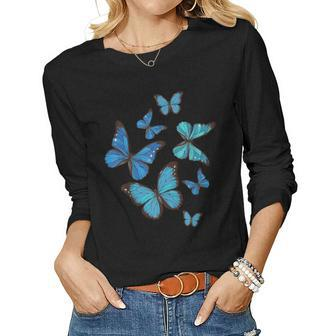 Blue Morpho Butterfly Swarm Lepidoptera Lover Entomologist Women Long Sleeve T-shirt | Mazezy