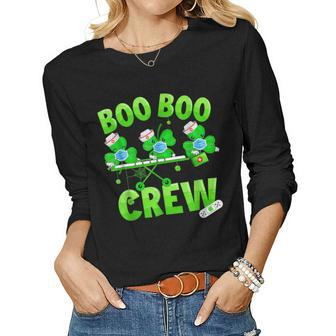 Boo Boo Crew Nurse St Patricks Day Shamrock Face Mask Nurse Women Graphic Long Sleeve T-shirt - Seseable