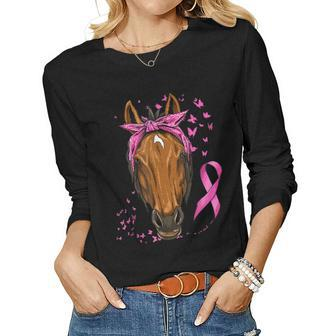 Breast Cancer Awareness Horse Pink Ribbon Cancer Survivor Women Long Sleeve T-shirt | Mazezy