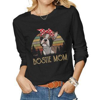 Brown Bostie Mom Boston Terrier Mama Vintage Gifts For Women Women Graphic Long Sleeve T-shirt - Seseable