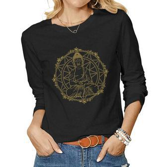 Buddha Lotus Mandala Vintage Sacred Yoga Zen Meditation Gift Women Graphic Long Sleeve T-shirt - Seseable