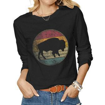 Buffalo Distressed Retro Bison Animal Lover Men Women Dad Women Graphic Long Sleeve T-shirt - Seseable