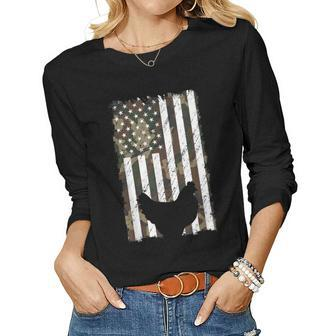 Camo Flag Chicken Vintage Farm Animal Patriotic Farmer Women Long Sleeve T-shirt | Mazezy