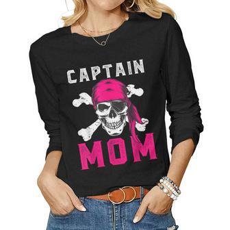 Captain Mom Funny Pirate Skull & Crossbones Women Graphic Long Sleeve T-shirt - Thegiftio UK