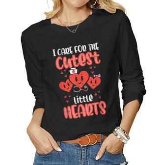 Care For Cutest Little Hearts Nurse Valentines Day Nursing Women Graphic Long Sleeve T-shirt - Seseable