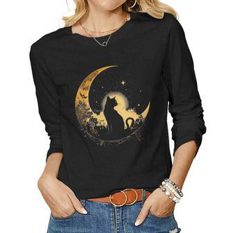 Womens Cat Crescent Black Moon Sailor Women Long Sleeve T-shirt | Mazezy