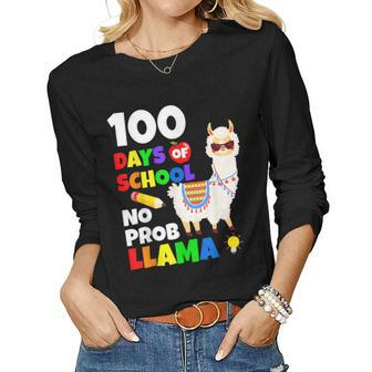 Celebrating 100 Days Of School Noprob Llama Kids & Teachers Women Graphic Long Sleeve T-shirt - Seseable
