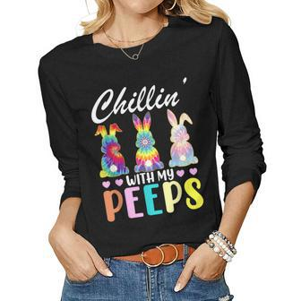 Chillin With My Peeps Tie Dye Bunny Rabbit Easter Teacher Women Long Sleeve T-shirt | Mazezy