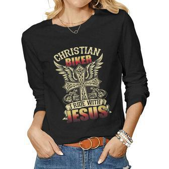 Christian Biker I Ride With Jesus Racing Motorcycle Rally Women Long Sleeve T-shirt | Mazezy