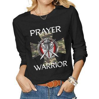 Christian Prayer Warrior Green Camo Cross Religious Messages Women Long Sleeve T-shirt | Mazezy
