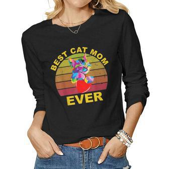 Colorful Retro Vintage Best Cat Mom Ever Mothers Day Women Graphic Long Sleeve T-shirt - Seseable