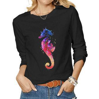 Colorful Sea Horse Lover Dad Mom Funny Kidding Women Graphic Long Sleeve T-shirt - Seseable