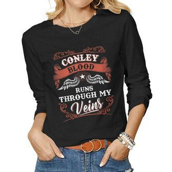 Conley Blood Runs Through My Veins Family Christmas Women Graphic Long Sleeve T-shirt - Seseable