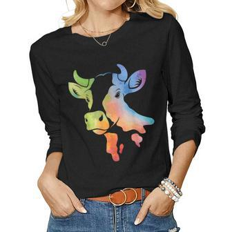 Cow Gift For Women - Cute Cowgirl Lover Watercolor Country Women Graphic Long Sleeve T-shirt - Seseable