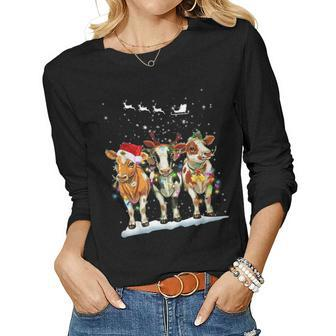 Cow Reindeer Hat Santa Christmas Light Cow Christmas Women Long Sleeve T-shirt