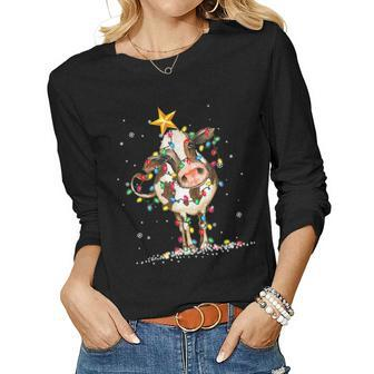 Cow Reindeer Hat Santa Christmas Lights Cow Christmas Women Long Sleeve T-shirt