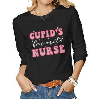Cupids Favorite Nurse Groovy Retro Valentines Day Nurse Women Graphic Long Sleeve T-shirt - Seseable