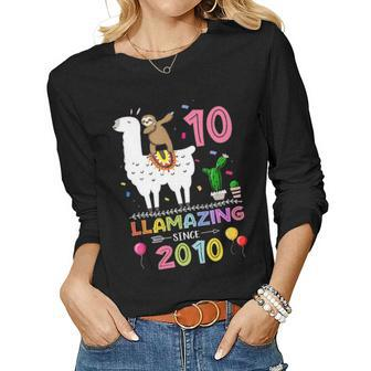 Cute 10Th Birthday Gift Sloth And Llama Llamazing Since 2010 Women Graphic Long Sleeve T-shirt - Seseable