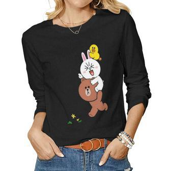 Cute Brown Bear Cony Bunny Rabbit Sally Duck Lovers Running Women Graphic Long Sleeve T-shirt - Seseable