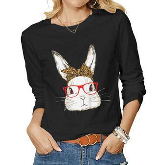 Cute Bunny Mom Leopard Bandana Sunglasses Easter Day Women Long Sleeve T-shirt | Mazezy