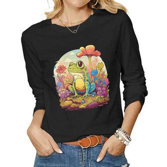 Womens Cute Fairycore Floral Frog Aesthetic Girls Women Graphic Women Long Sleeve T-shirt | Mazezy