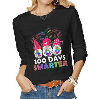 Cute Gnome Tie Dye 100 Days Smarter Teacher Kids Matching Women Graphic Long Sleeve T-shirt - Seseable