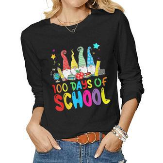 Cute Gnomes Teachers Kids Funny 100 Days Of School Women Graphic Long Sleeve T-shirt - Seseable