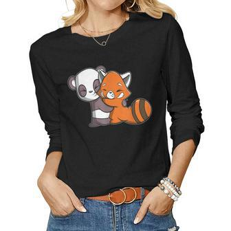 Cute Kawaii Panda Hugging Red Panda Women Graphic Long Sleeve T-shirt - Seseable