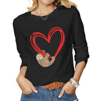 Cute Lazy Sloth Holding Heart Love Slothie Valentines Day Women Graphic Long Sleeve T-shirt - Seseable