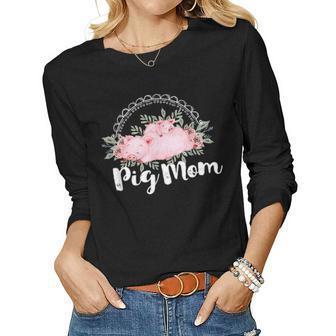 Cute Pig Mom Pretty Watercolor Pigs And Flowers Farm Women Graphic Long Sleeve T-shirt - Seseable
