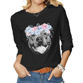 Cute Pitbull Face Floral Watercolor Flower Pittie Mom Gift Women Graphic Long Sleeve T-shirt - Seseable