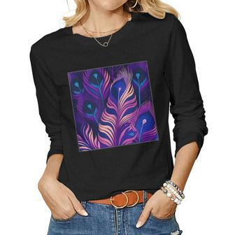 Cute Purple Peacock Feathers Illustration Birds Women Men Women Long Sleeve T-shirt | Mazezy