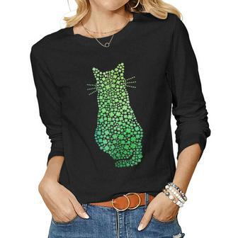 Cute Shamrock Cat St Patricks Day Green Lucky Cat Mom Women Graphic Long Sleeve T-shirt - Seseable