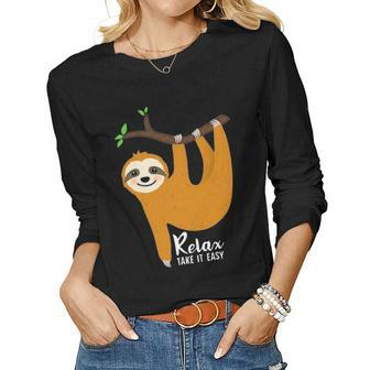 Cute Sloth With Funny Quote Relax Take It Easy Women Graphic Long Sleeve T-shirt - Seseable