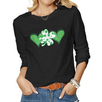 Cute St Patricks Day Green Irish Shamrock Heart Women Women Graphic Long Sleeve T-shirt - Seseable