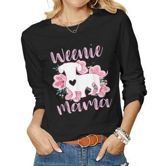 Dachshund Mama Wiener Dog Pink Flowers Cute Weenie Mom Gift Women Graphic Long Sleeve T-shirt - Seseable