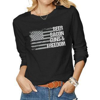 Dad Grandpa Veteran Us Flag Beer Bacon Guns Freedom Women Long Sleeve T-shirt | Mazezy