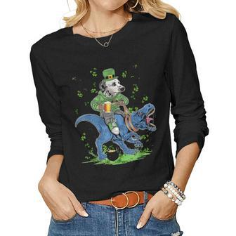 Dalmatian Dog Holding Beer Ride T Rex St Patricks Day Women Graphic Long Sleeve T-shirt - Seseable