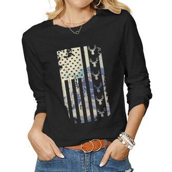 Deer Hunting American Flag 4Th Of July Fathers Day Christmas Women Graphic Long Sleeve T-shirt - Seseable