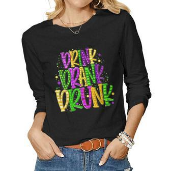 Drink Drank Drunk Mardi Gras Drinking Party Funny Costume Women Graphic Long Sleeve T-shirt - Seseable