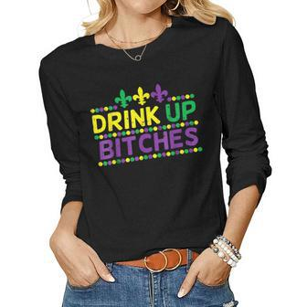 Drink Up Bitch Drinking Team Fun Mardi Gras Carnival Beer V2 Women Graphic Long Sleeve T-shirt - Seseable