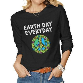 Earth Day Everyday Peace Symbol Sign Flower Environmental Women Long Sleeve T-shirt | Mazezy